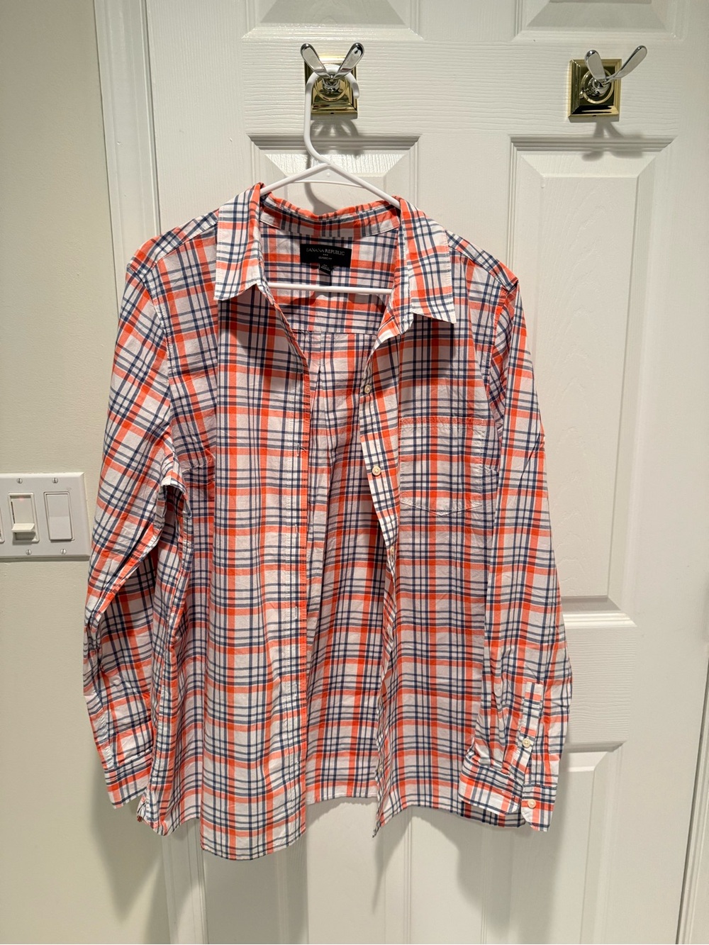 Banana Republic Orange, Navy & White Plaid Button-Down Shirt